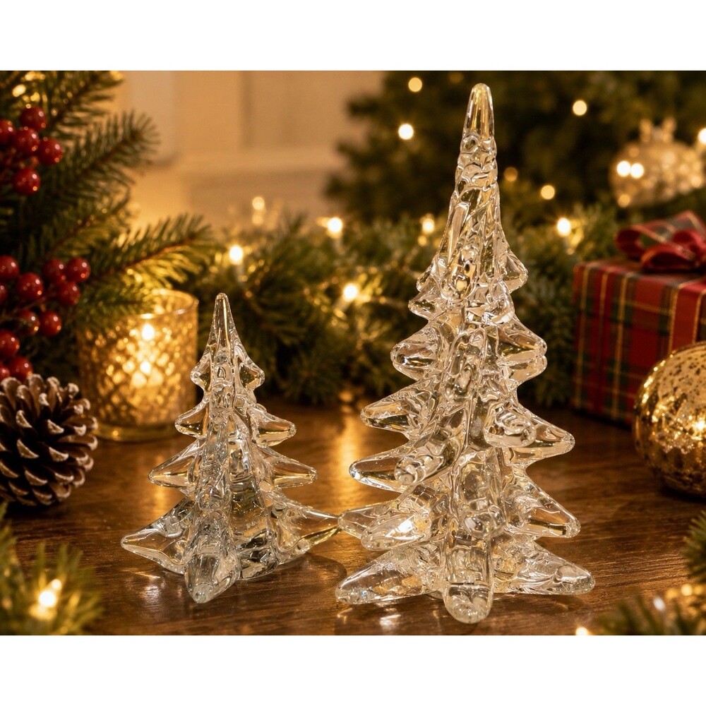 Vintage Clear Art Glass Christmas Tree Figurines Set of 2 Silvestri 10in 6.25in